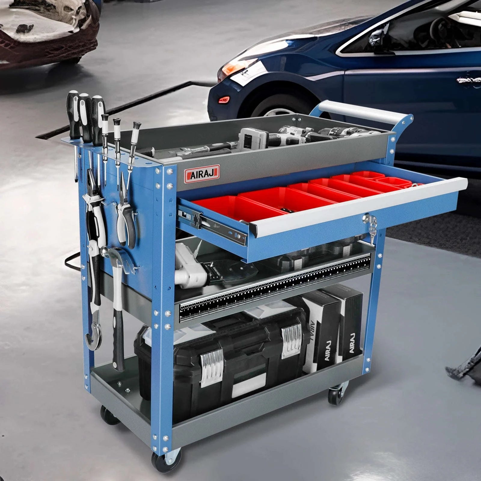 3-Tier Rolling Tool Cart with Pegboard-15 black / Germany