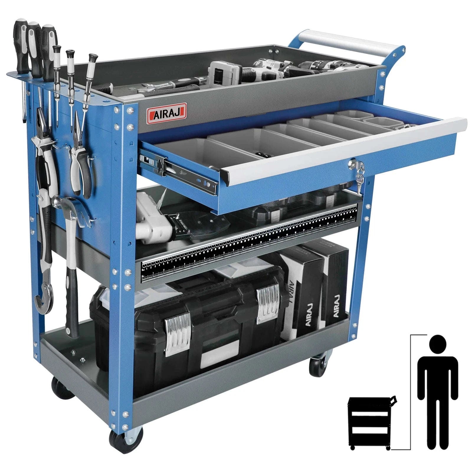 3-Tier Rolling Tool Cart with Pegboard-15 black / Germany