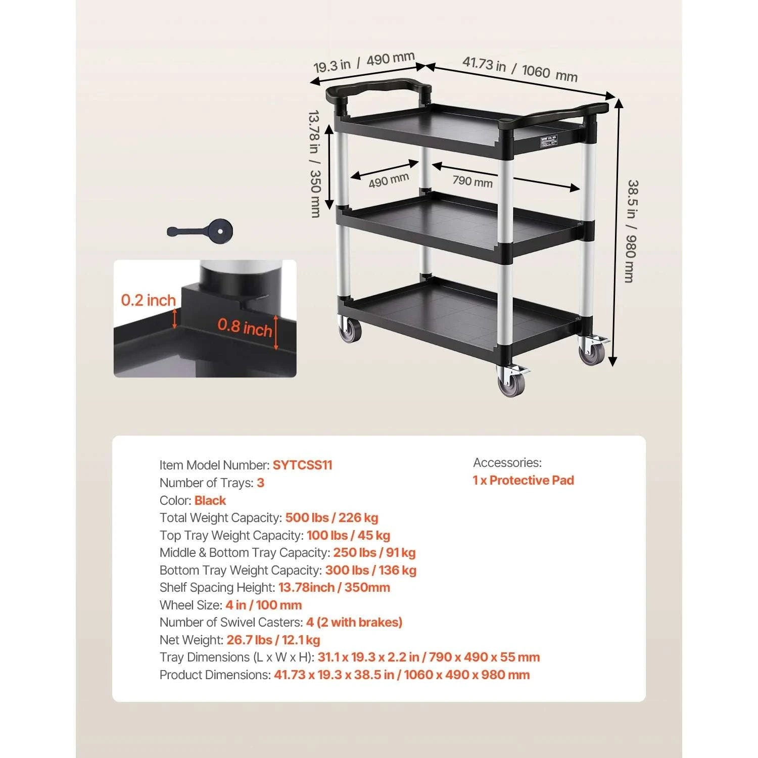 3-Tier Rolling Utility Cart with Wheels, Heavy-Duty Storage Trolley-300 lbs / spain