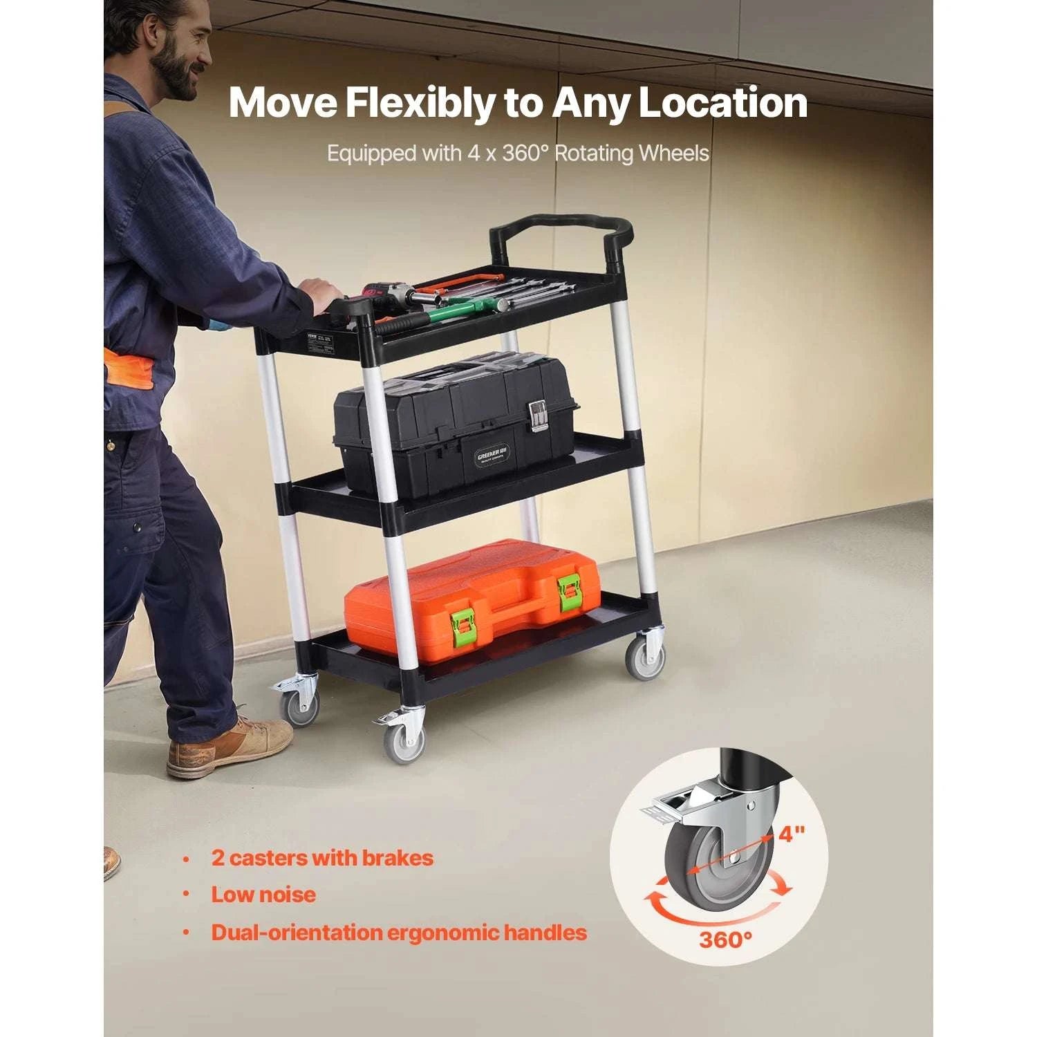 3-Tier Rolling Utility Cart with Wheels, Heavy-Duty Storage Trolley-300 lbs / spain