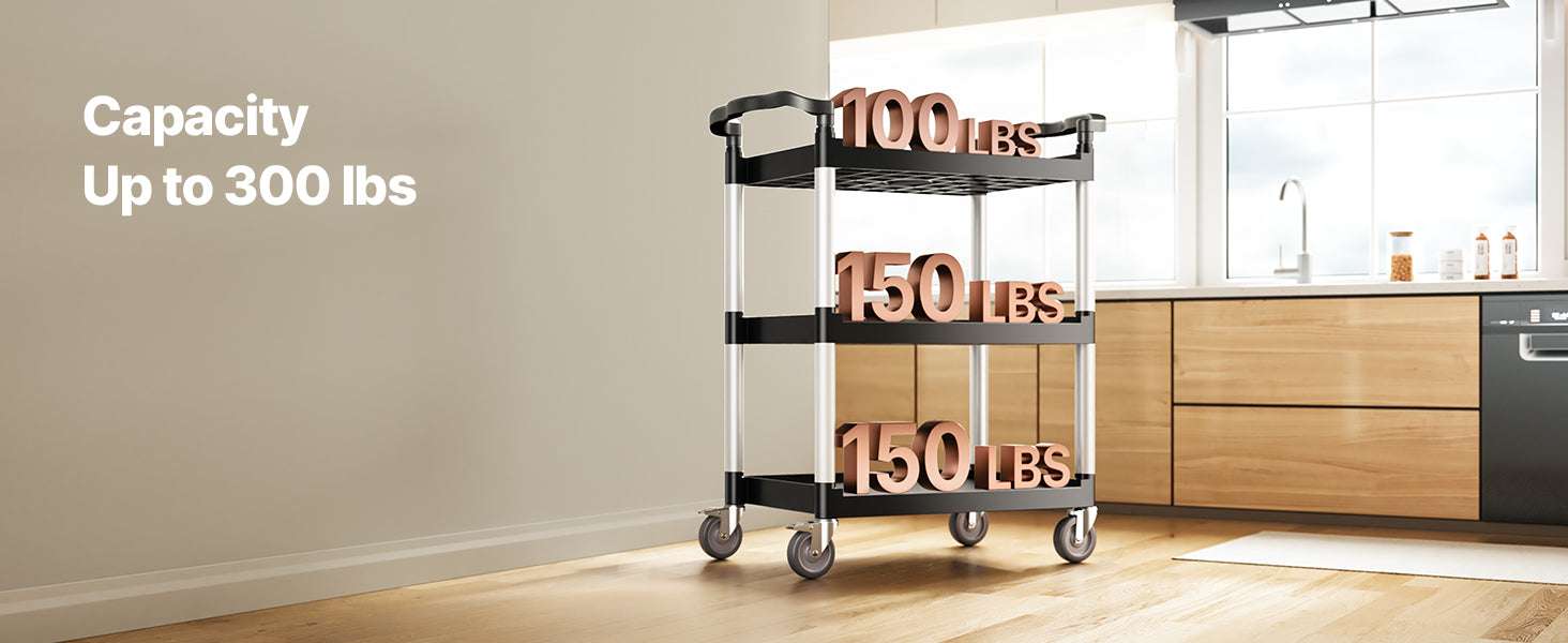 3-Tier Rolling Utility Cart with Wheels, Heavy-Duty Storage Trolley-300 lbs / spain