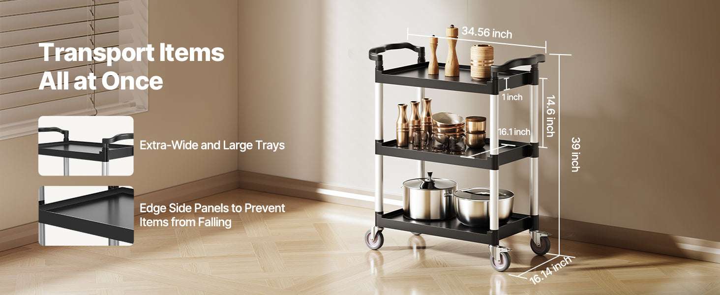 3-Tier Rolling Utility Cart with Wheels, Heavy-Duty Storage Trolley-300 lbs / spain