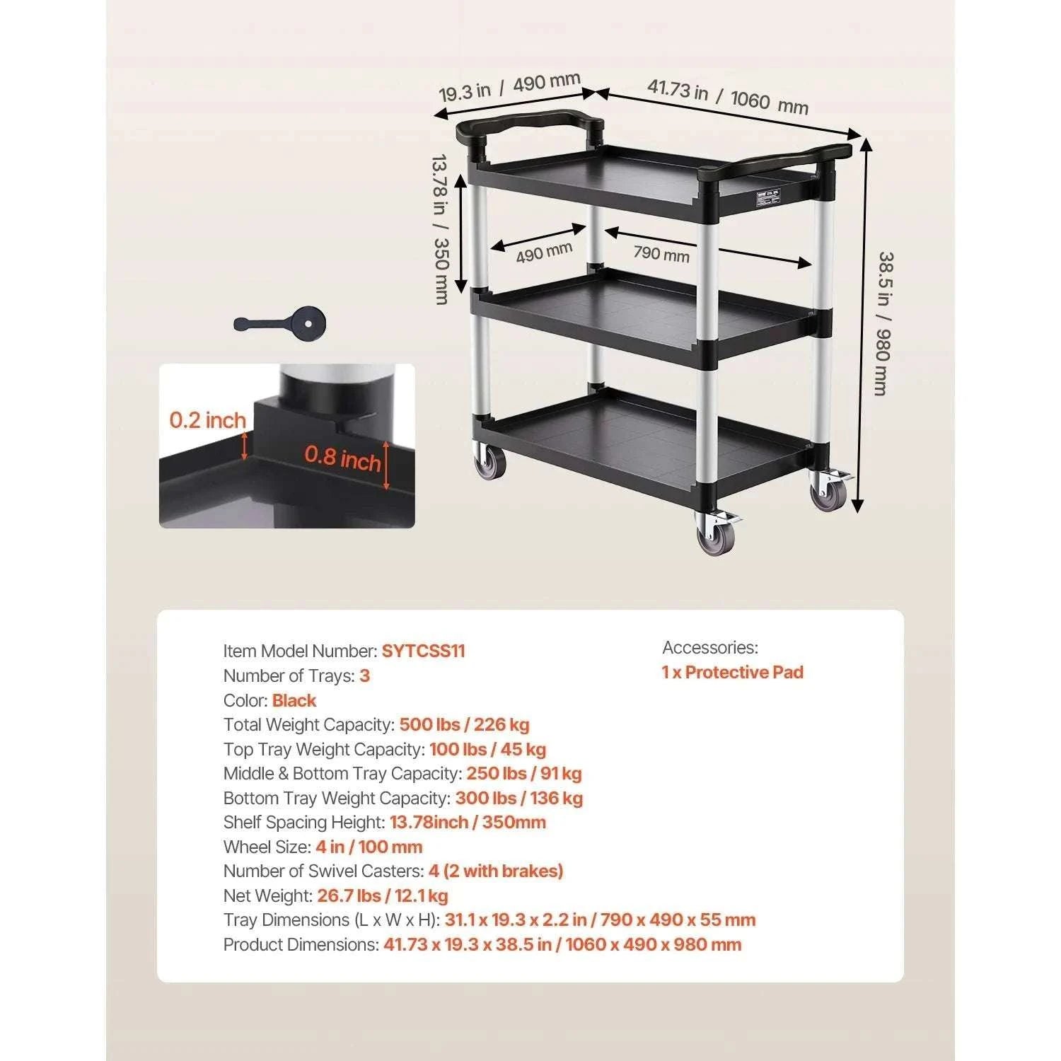 3-Tier Rolling Utility Cart with Wheels, Heavy-Duty Storage Trolley-300 lbs / spain