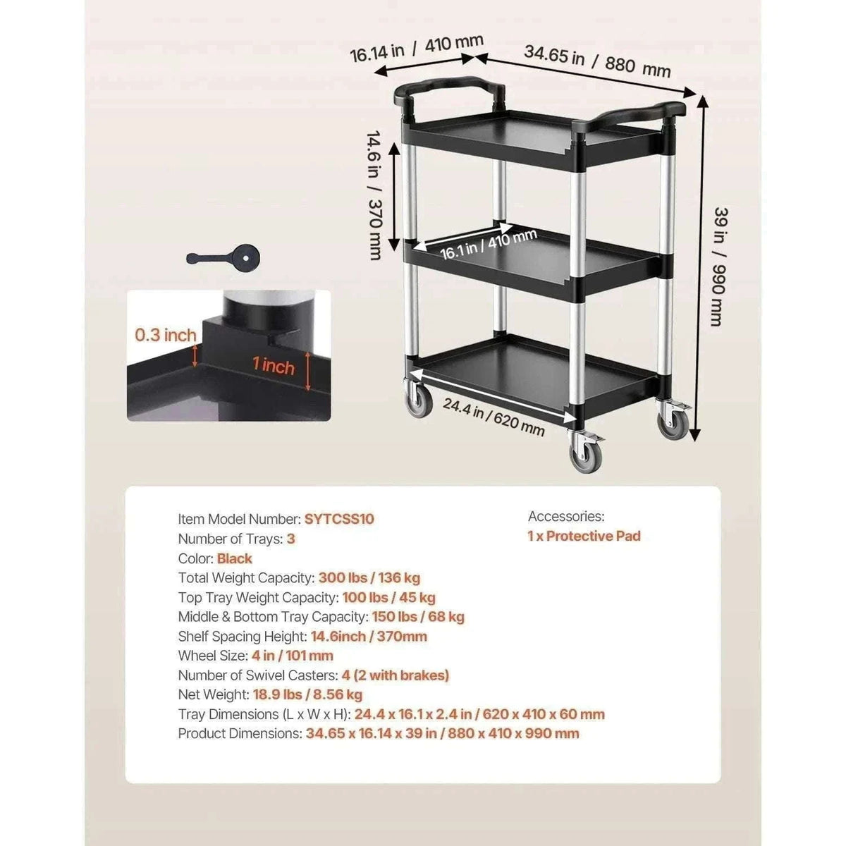 3-Tier Rolling Utility Cart with Wheels, Heavy-Duty Storage Trolley-300 lbs / spain