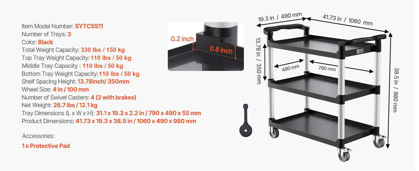 3-Tier Rolling Utility Cart with Wheels, Heavy-Duty Storage Trolley-