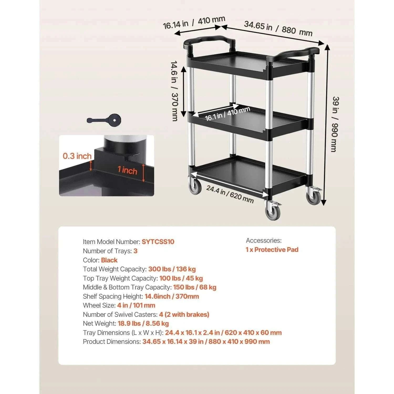 3-Tier Rolling Utility Cart with Wheels, Heavy-Duty Storage Trolley-
