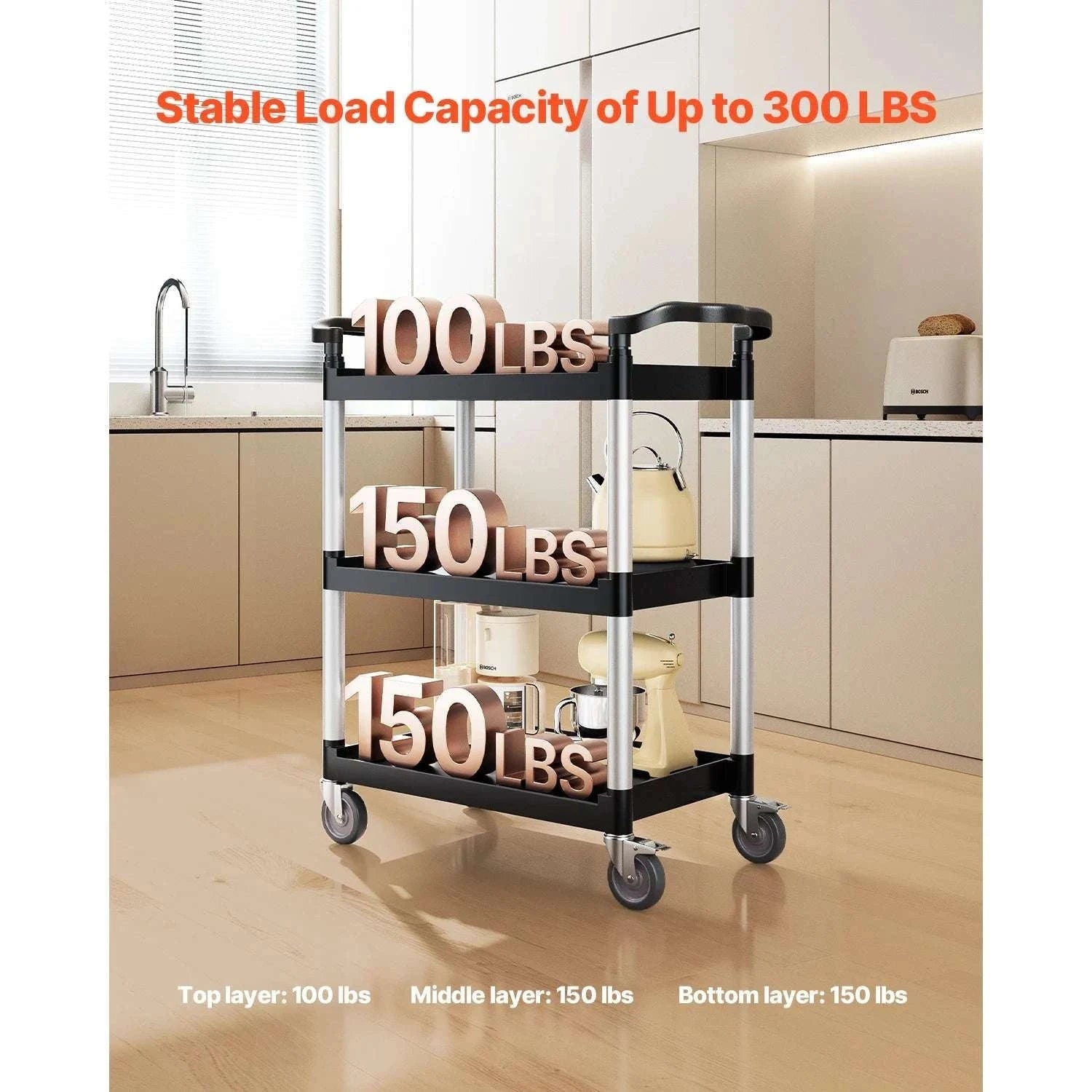 3-Tier Rolling Utility Cart with Wheels, Heavy-Duty Storage Trolley-