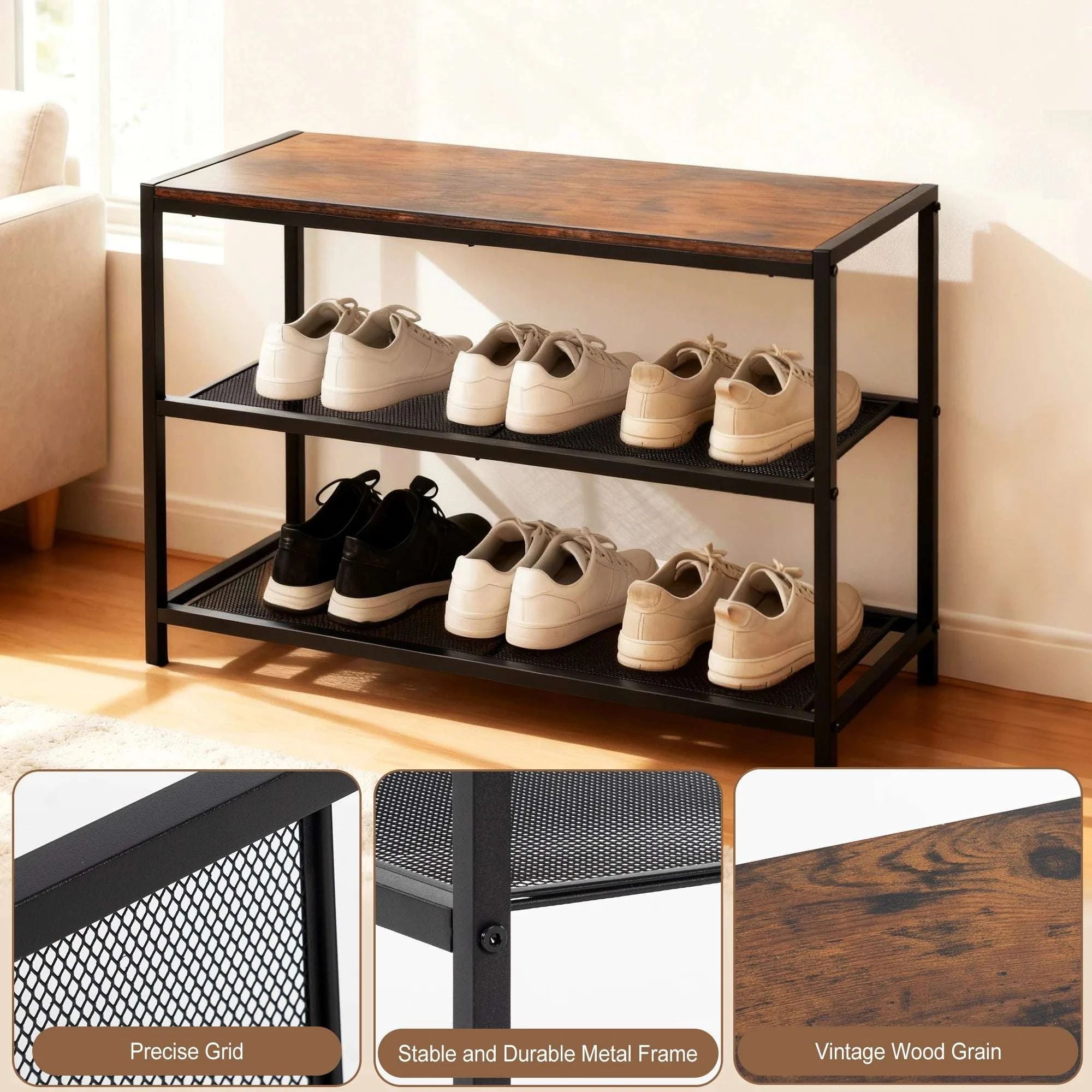 3-Tier Shoe Bench with Storage Shelves for Entryway Organization-Brown / United States