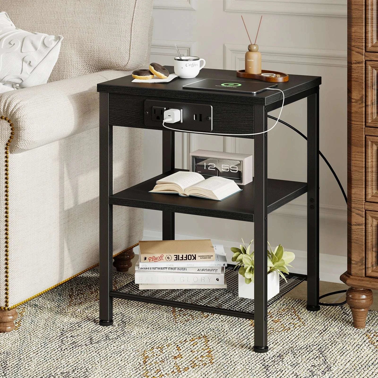 3-Tier Side Table with Charging Station and Adjustable Shelves-1Pack Rust / United States