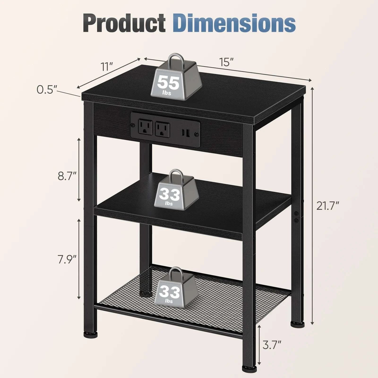 3-Tier Side Table with Charging Station and Adjustable Shelves-1Pack Rust / United States