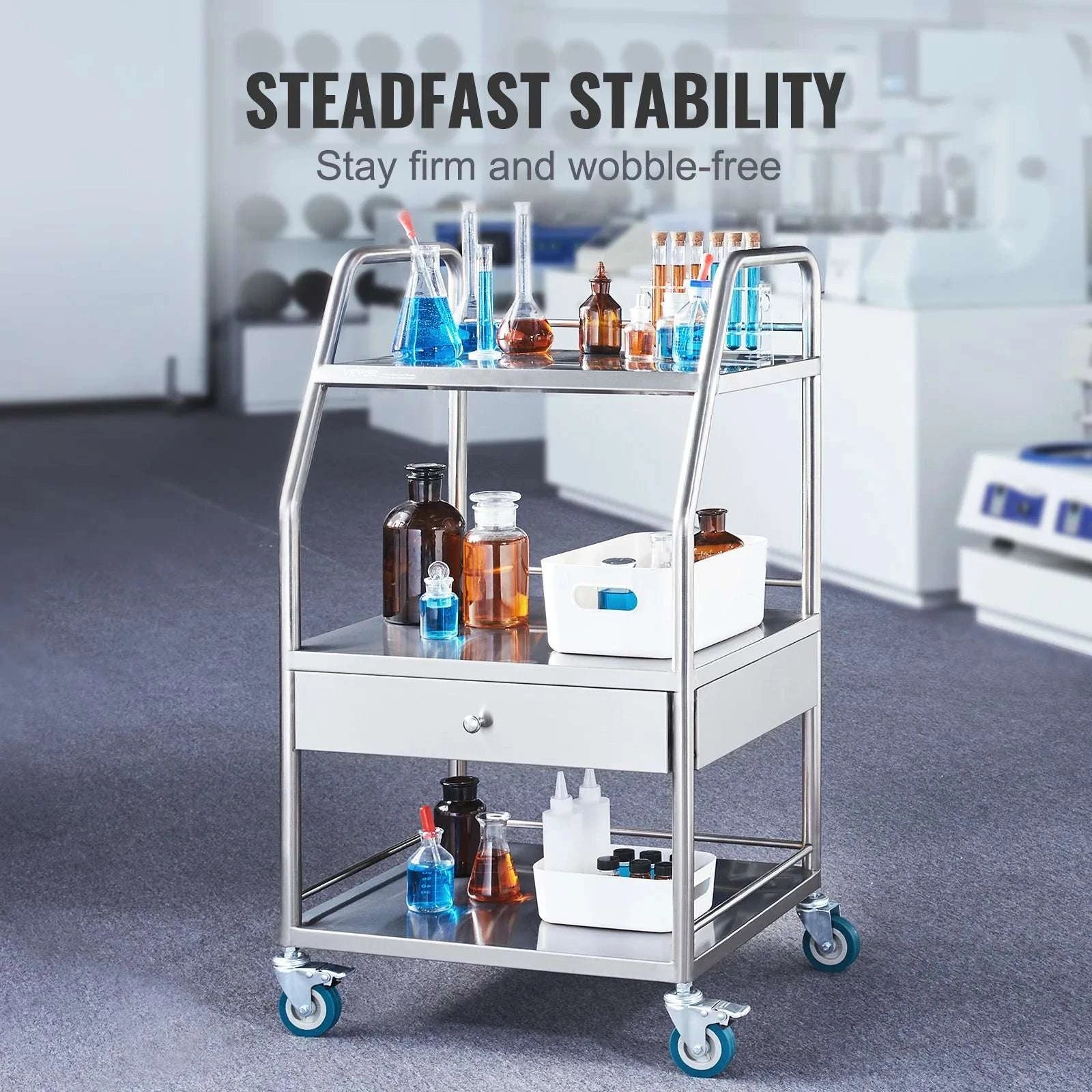 3-Tier Stainless Steel Rolling Lab Cart with Drawer & Locking Wheels-Plain colour / United States