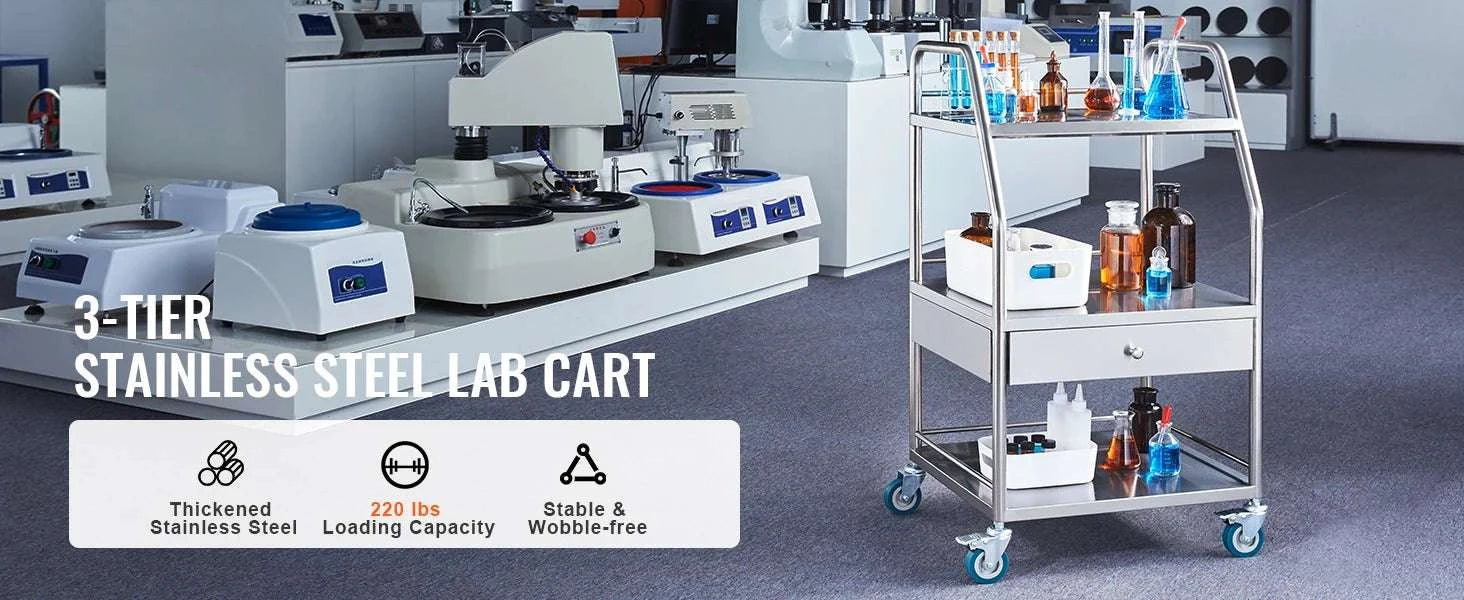 3-Tier Stainless Steel Rolling Lab Cart with Drawer & Locking Wheels-Plain colour / United States