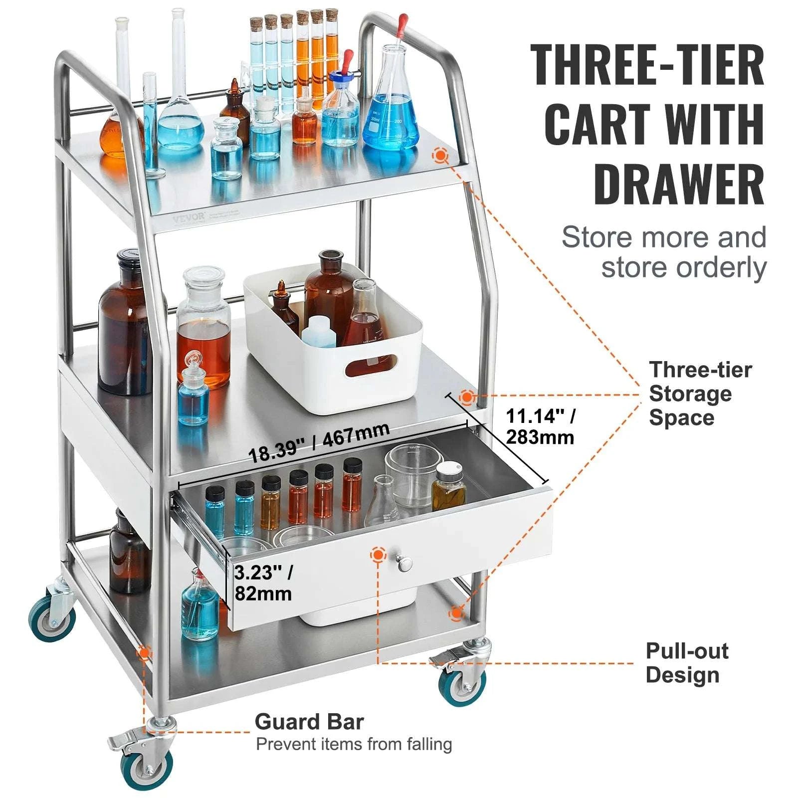 3-Tier Stainless Steel Rolling Lab Cart with Drawer & Locking Wheels-Plain colour / United States