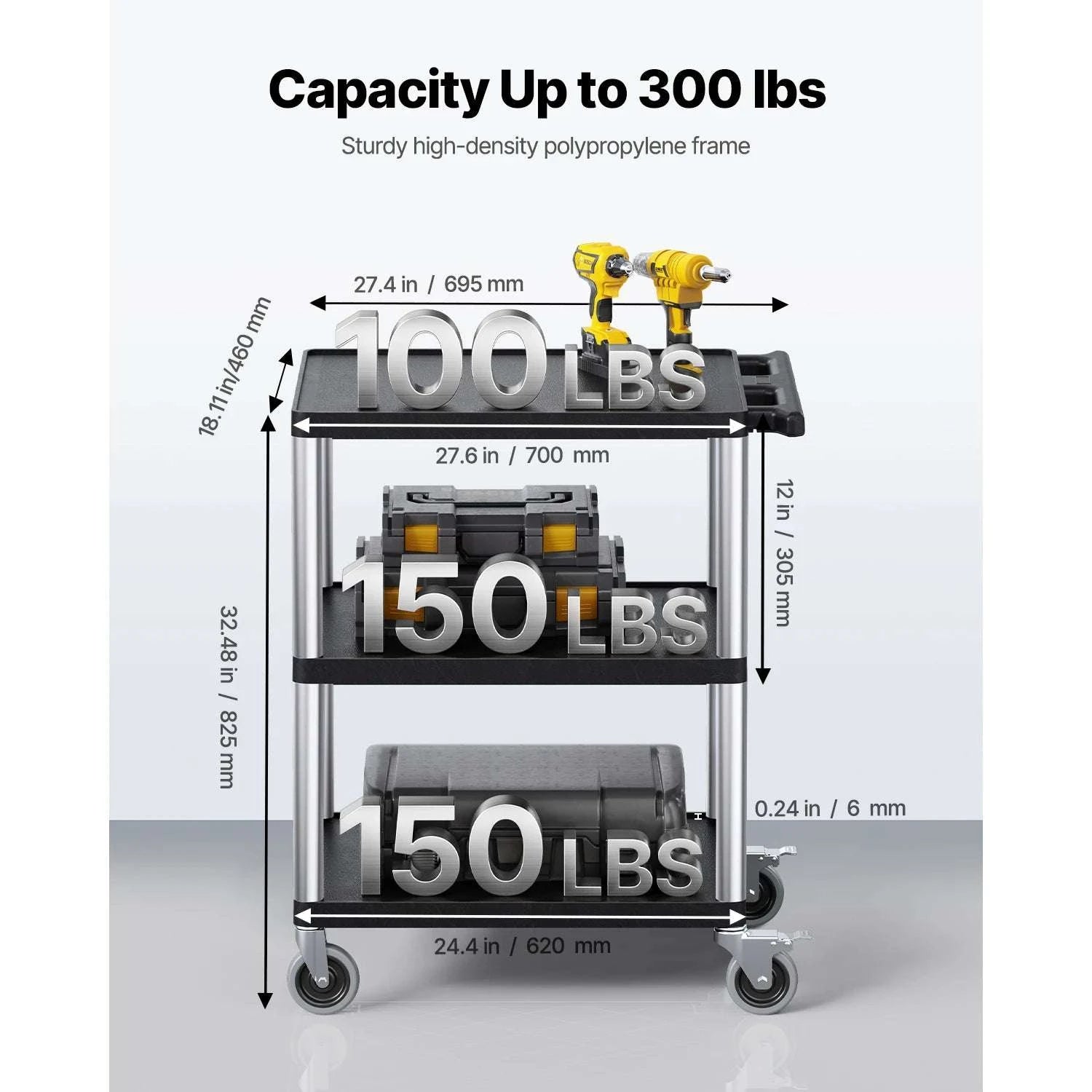 3-Tier Utility Service Cart 300lb Capacity with Swivel Wheels-300 lbs / United States