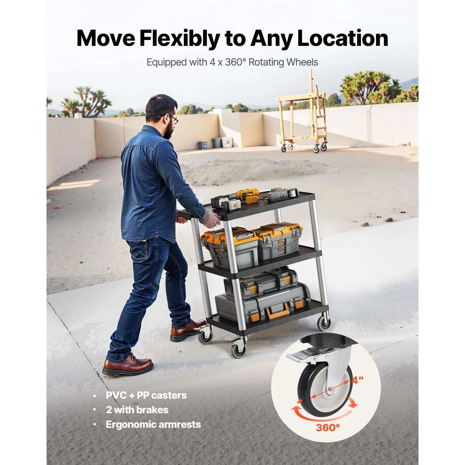 3-Tier Utility Service Cart 300lb Capacity with Swivel Wheels-300 lbs / United States