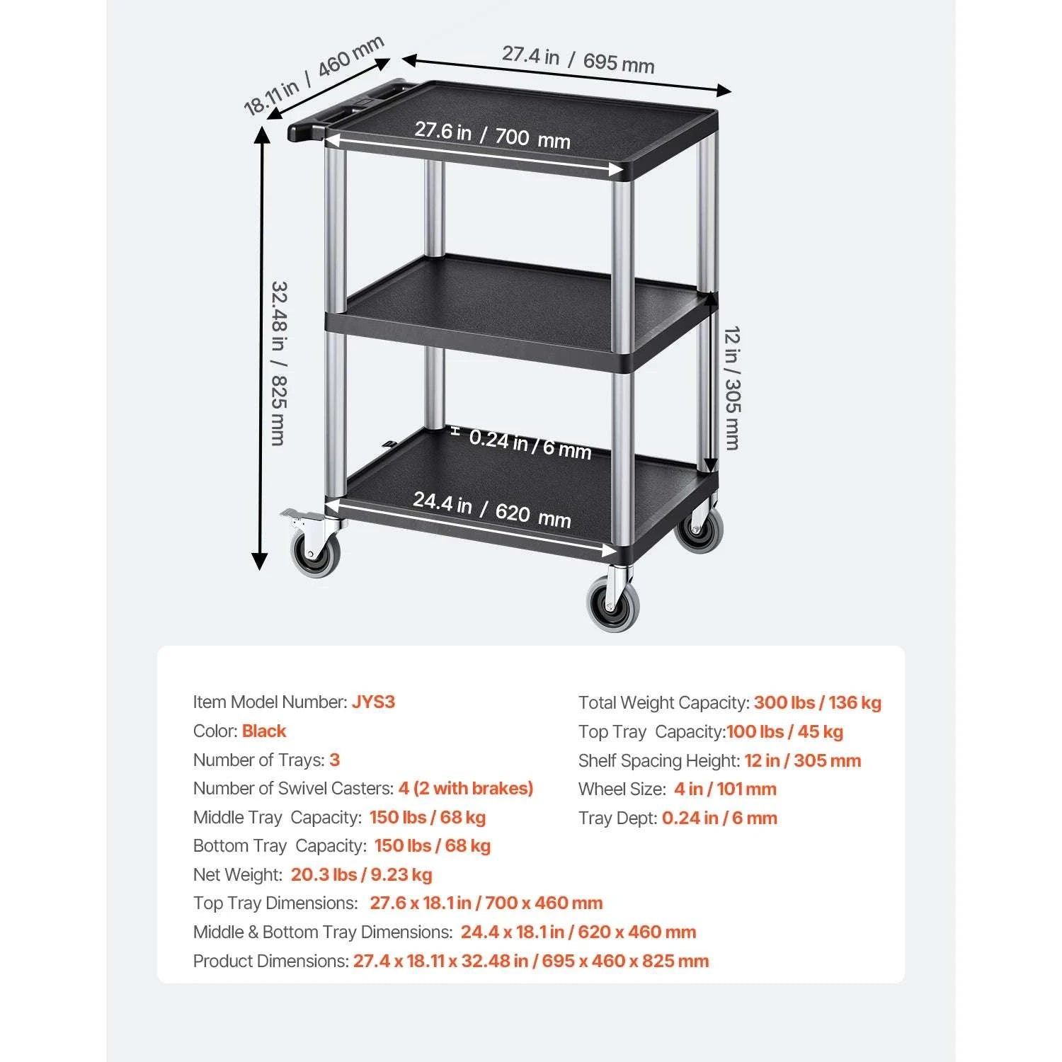 3-Tier Utility Service Cart 300lb Capacity with Swivel Wheels-300 lbs / United States