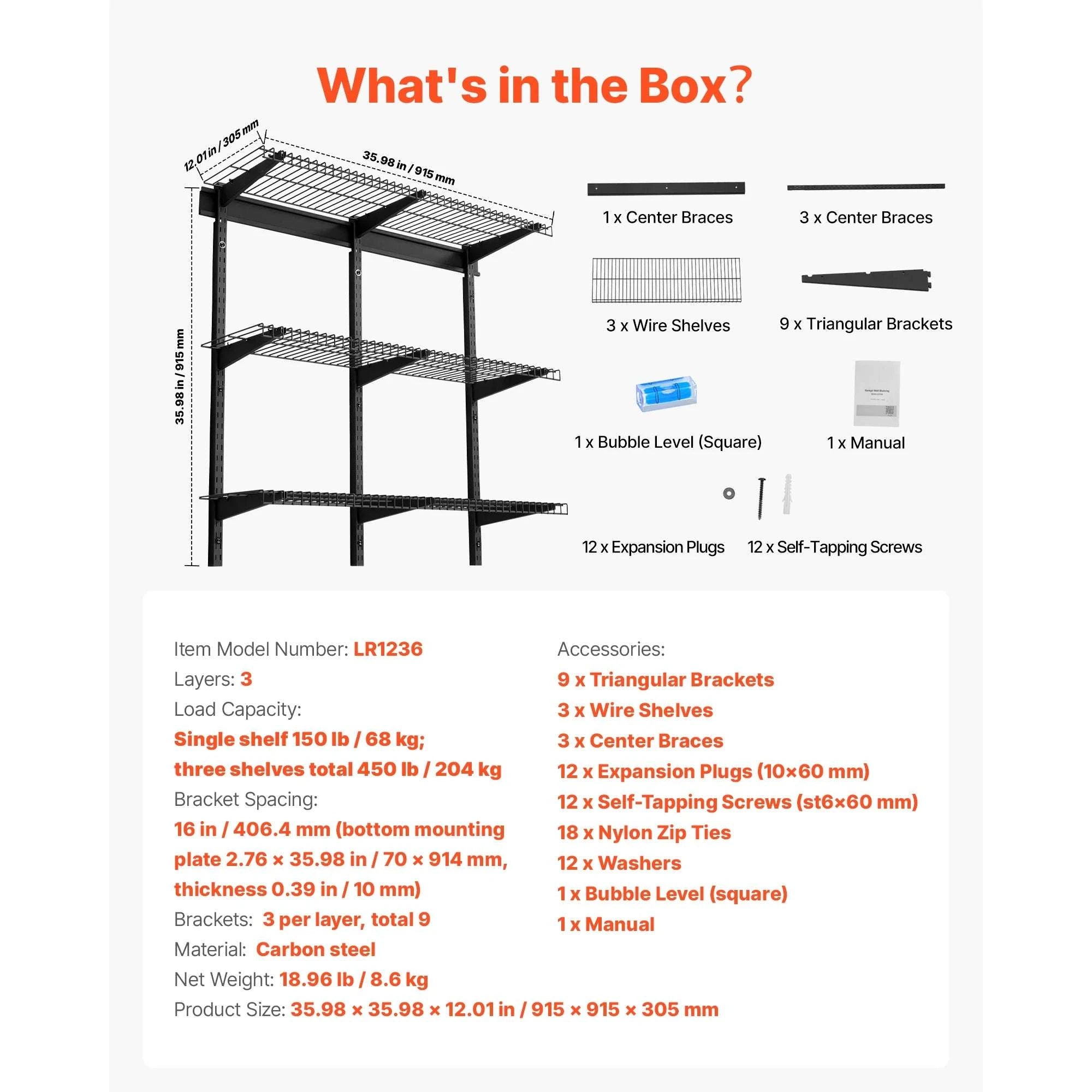 3-Tier Wall Mounted Garage Shelving Unit 450 lbs Steel Storage-12x36inch / United States