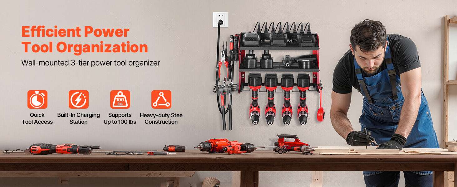 3-Tier Wall Mounted Power Tool Organizer with Charging Station-3 Tier / United States