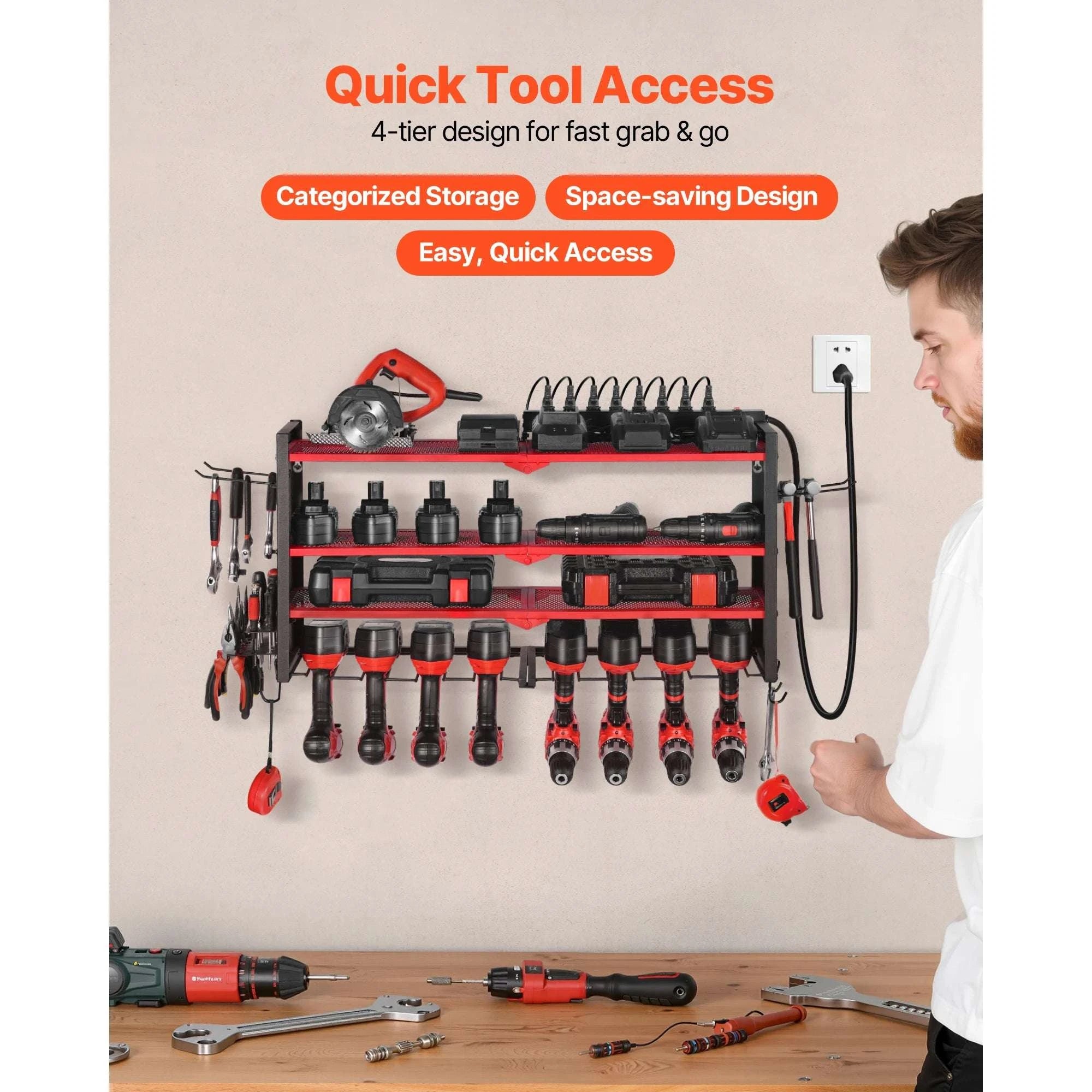 3-Tier Wall Mounted Power Tool Organizer with Charging Station-
