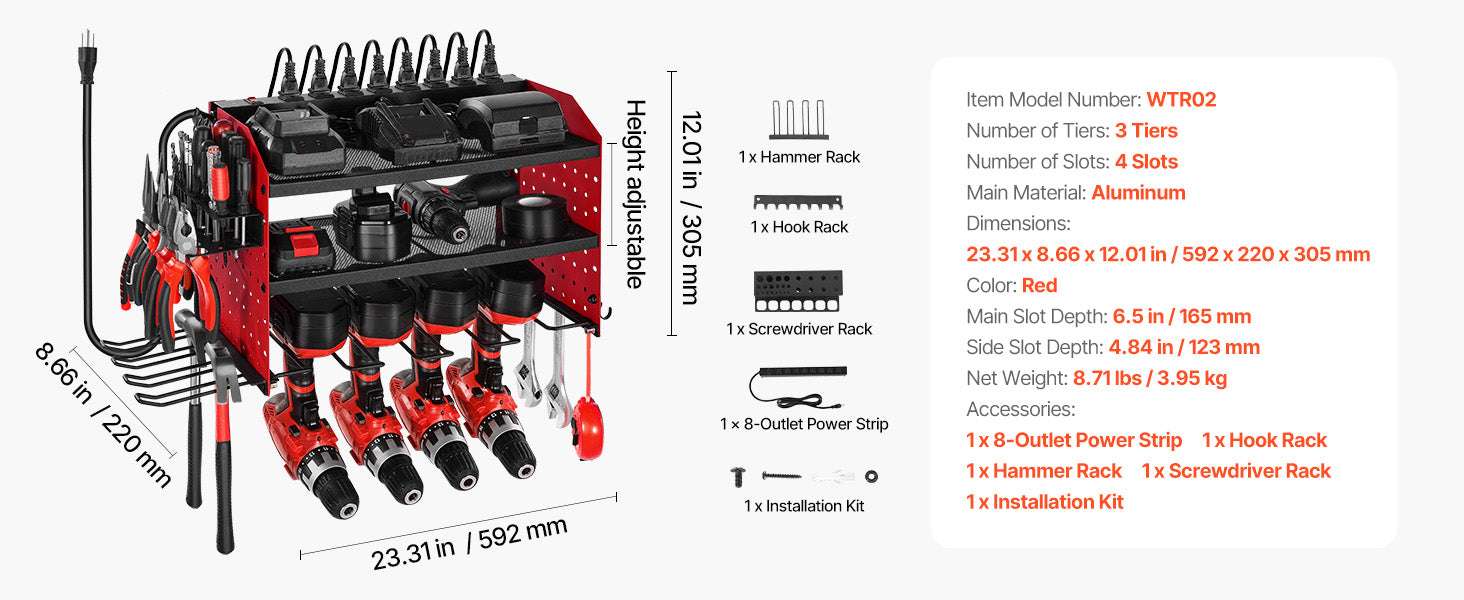 3-Tier Wall Mounted Power Tool Organizer with Charging Station-
