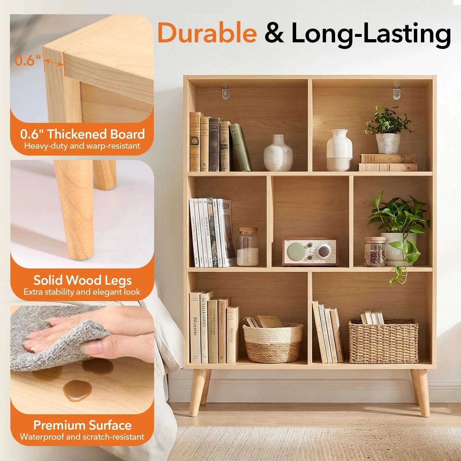 3 Tier Wooden Bookshelf with 7 Cubes and Adjustable Layout-Wood / United States