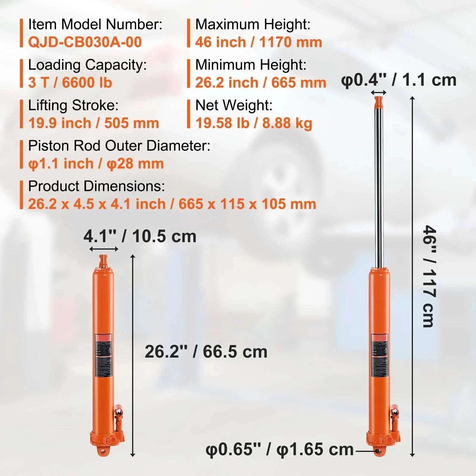 3-Ton Hydraulic Long Ram Jack for Engine Hoists with 26–46" Lift Range-3T Single Pump / GERMANY