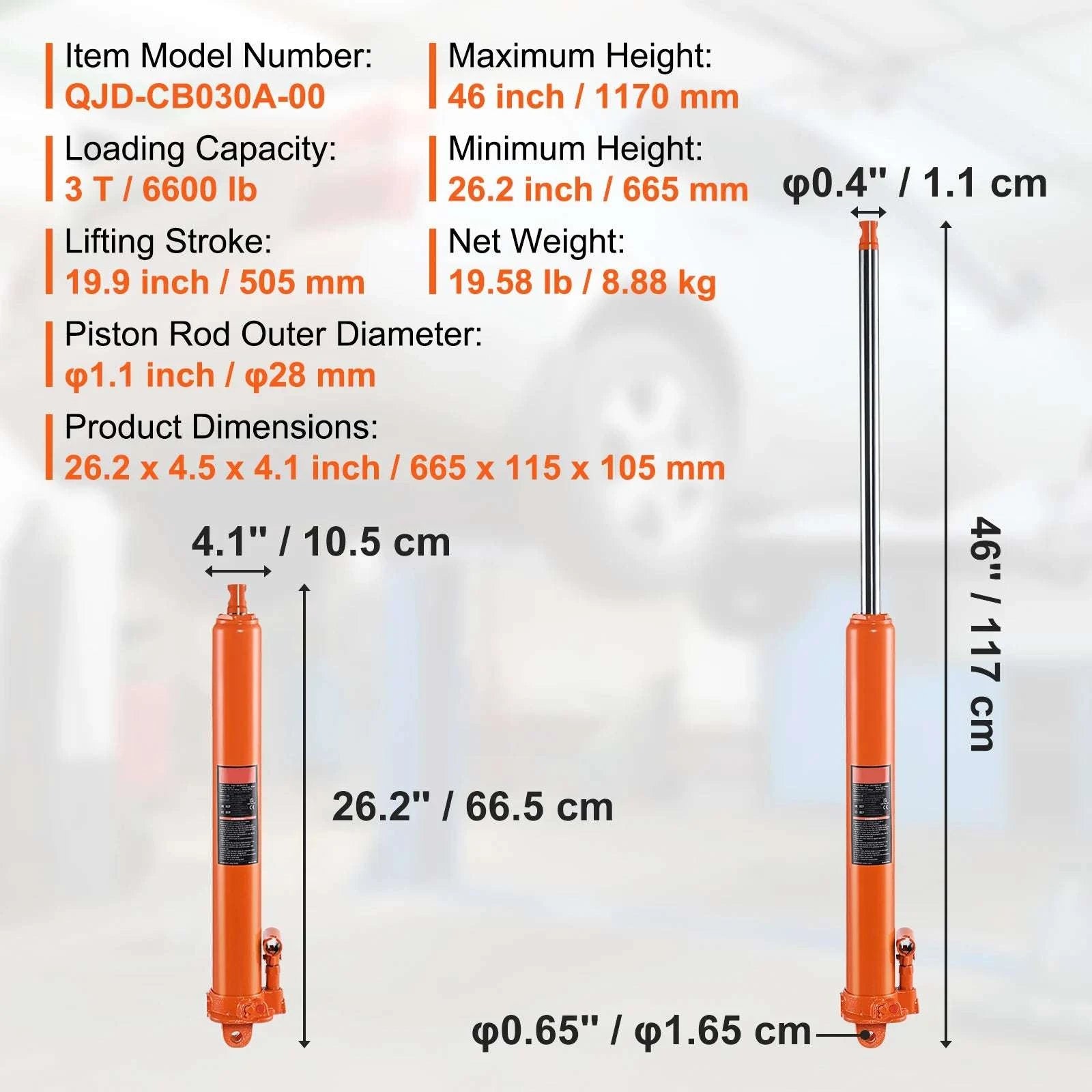 3-Ton Hydraulic Long Ram Jack for Engine Hoists with 26–46" Lift Range-3T Single Pump / GERMANY