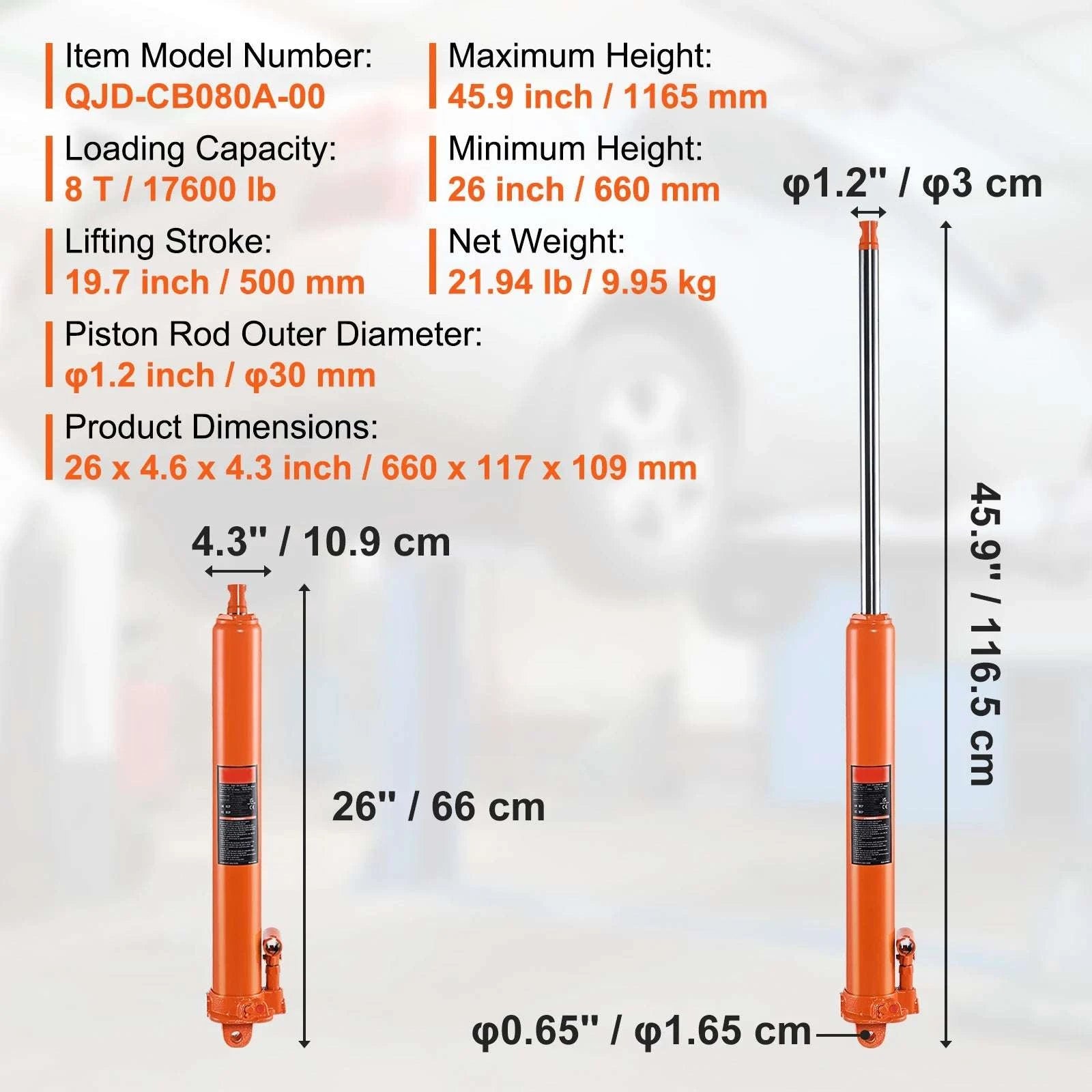 3-Ton Hydraulic Long Ram Jack for Engine Hoists with 26–46" Lift Range-3T Single Pump / GERMANY
