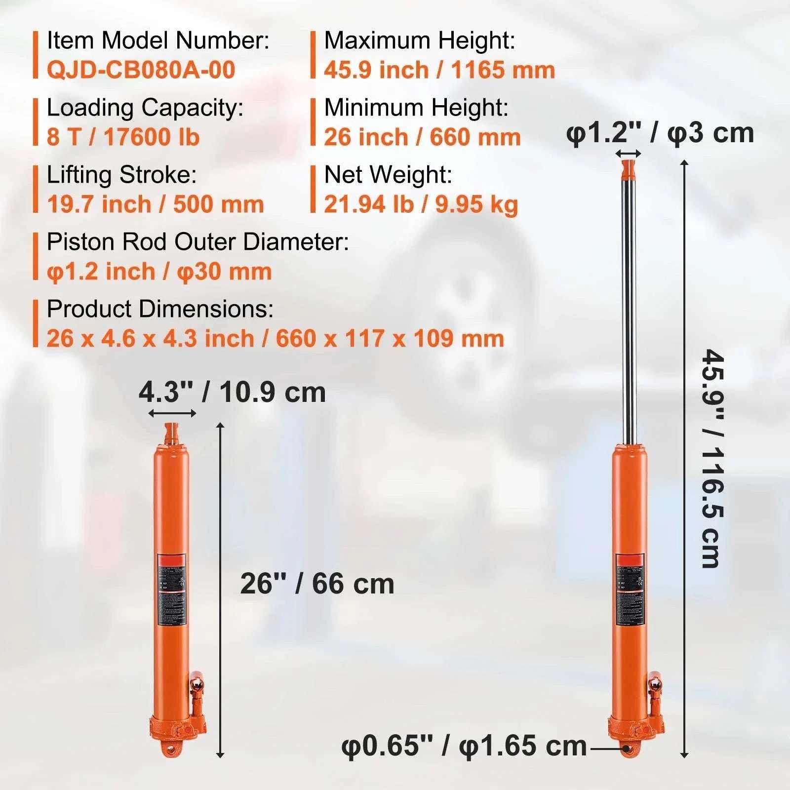 3-Ton Hydraulic Long Ram Jack for Engine Hoists with 26–46" Lift Range-3T Single Pump / GERMANY