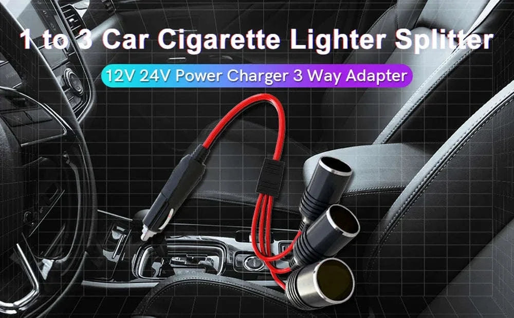 3-Way Car Cigarette Lighter Socket Splitter 12V/24V Extension Cable-1 to 3
