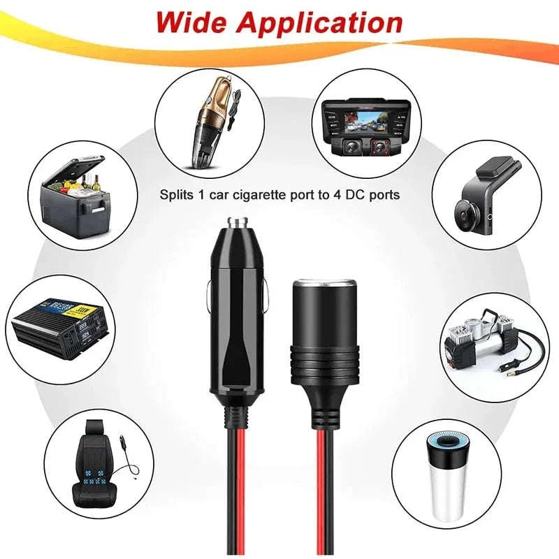 3-Way Car Cigarette Lighter Socket Splitter 12V/24V Extension Cable-1 to 3
