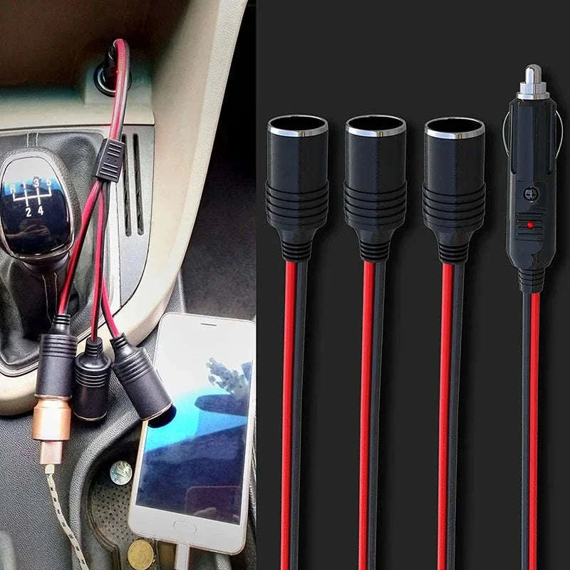 3-Way Car Cigarette Lighter Socket Splitter 12V/24V Extension Cable-1 to 3