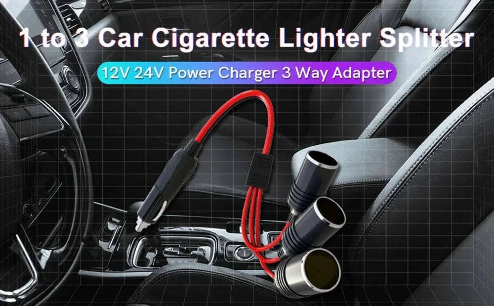 3-Way Car Cigarette Lighter Socket Splitter 12V/24V Extension Cable-1 to 3