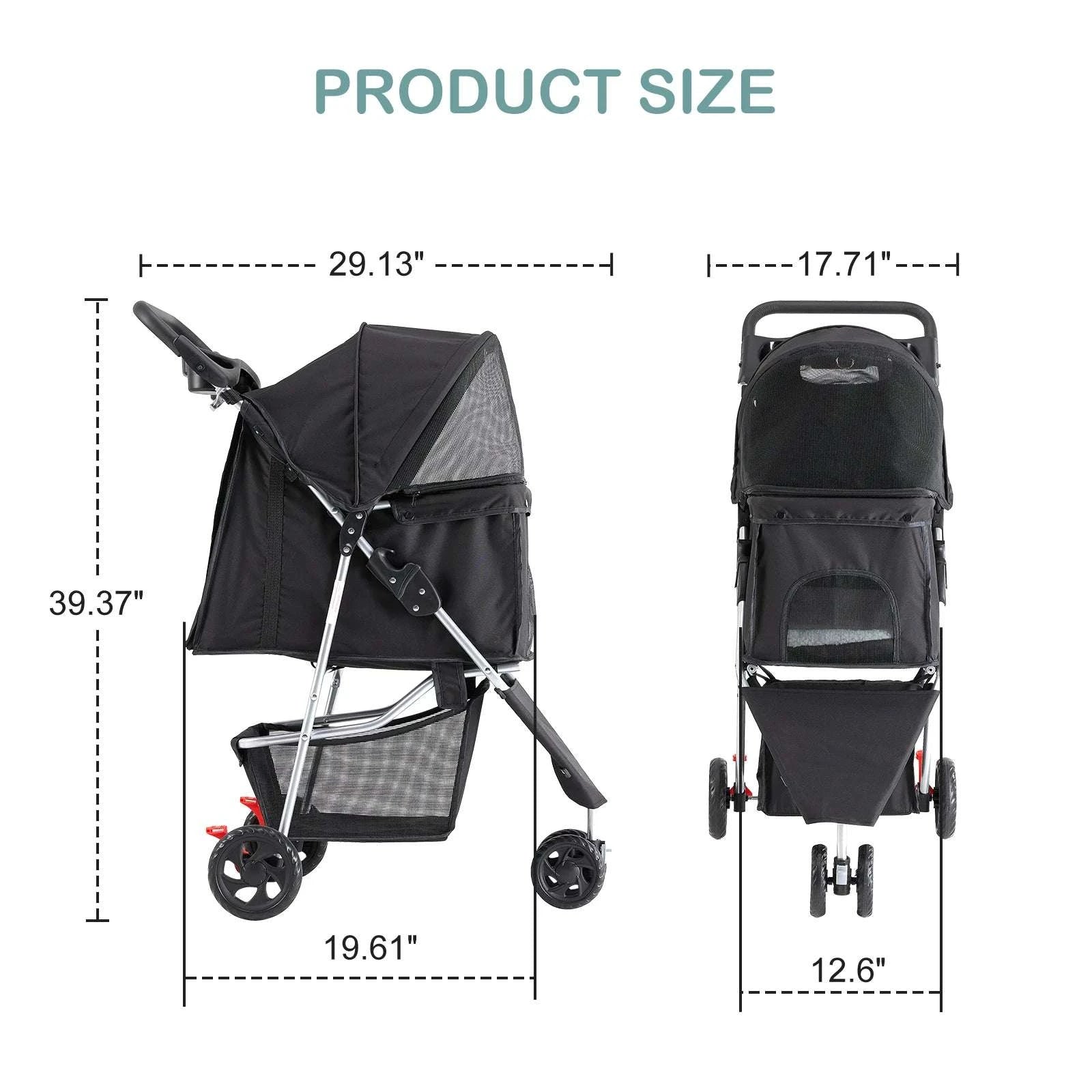 3-Wheel Foldable Pet Stroller with Storage & Mesh Windows-GRAY / United States