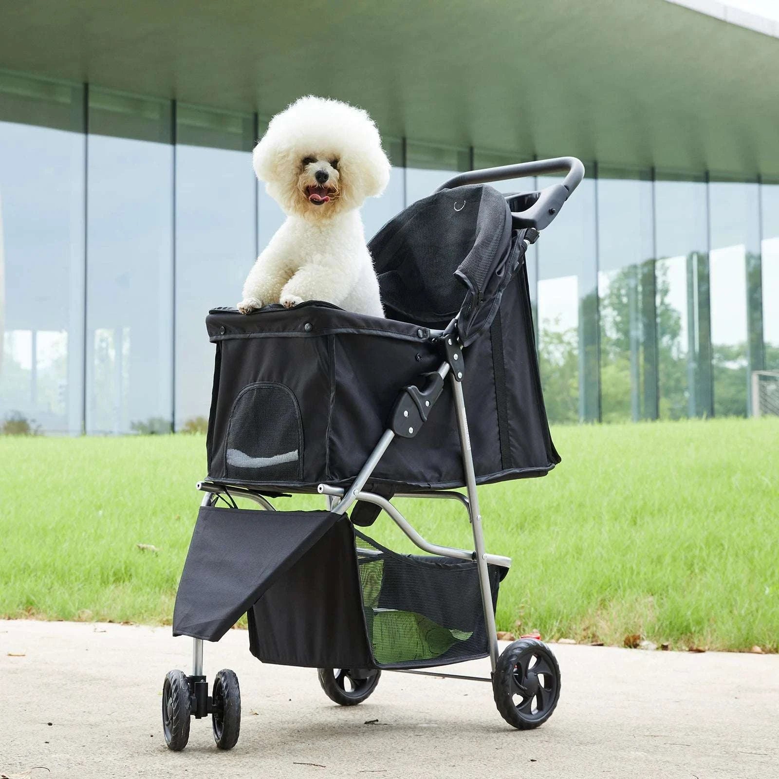 3-Wheel Foldable Pet Stroller with Storage & Mesh Windows-GRAY / United States