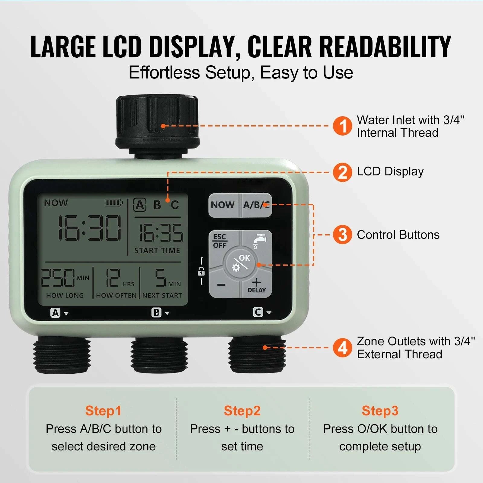 3-Zone Hose Water Timer with LCD, Rain Delay & Manual Mode-HCT-378 / United States