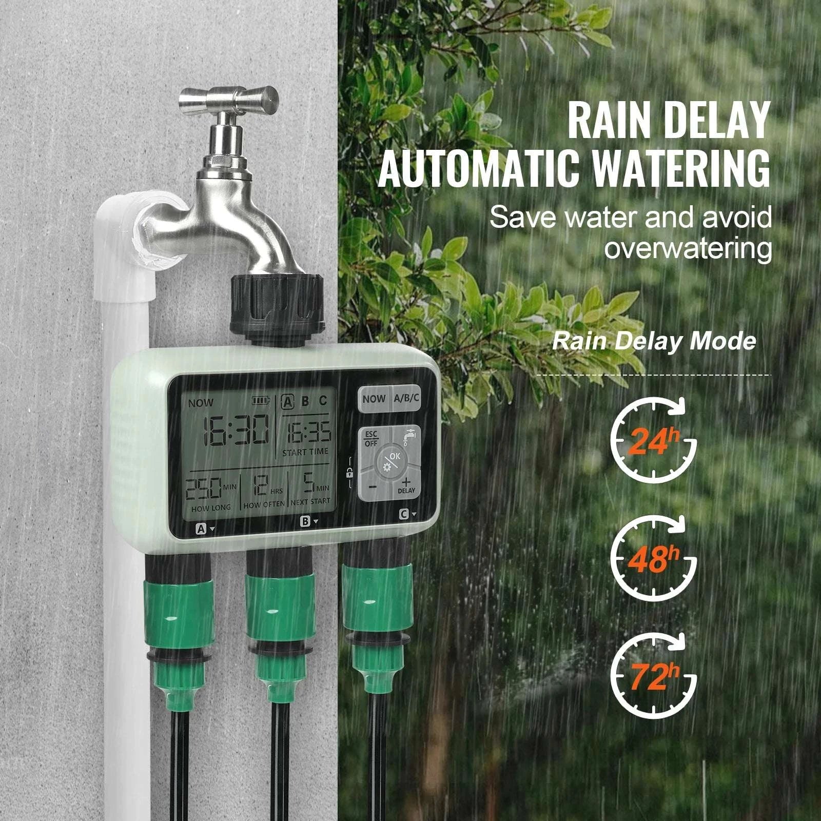 3-Zone Hose Water Timer with LCD, Rain Delay & Manual Mode-HCT-378 / United States