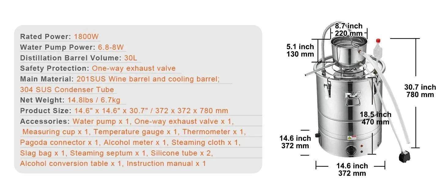 30/50L Stainless Steel Alcohol Distiller with Electric Heating-50L / spain