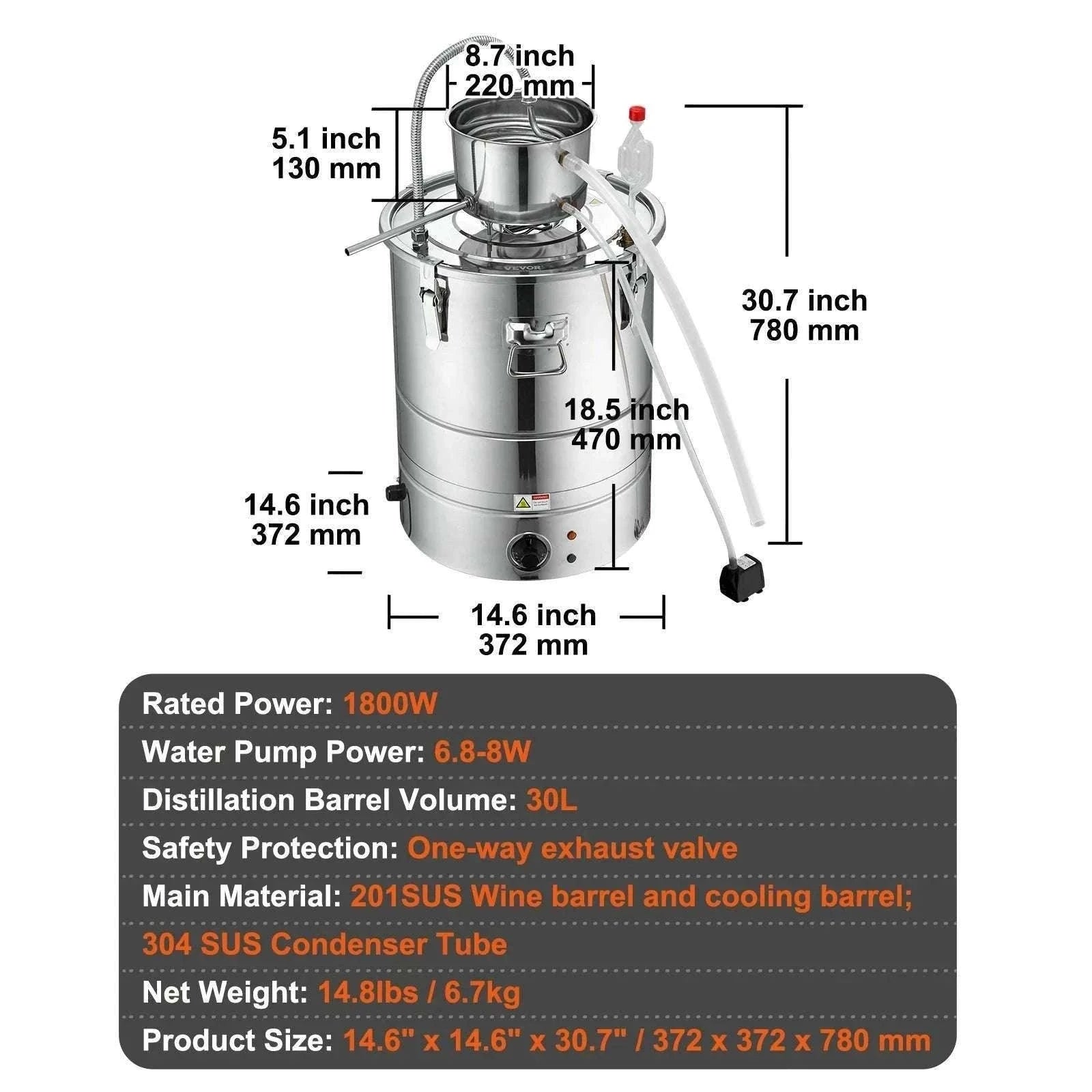 30/50L Stainless Steel Alcohol Distiller with Electric Heating-50L / spain