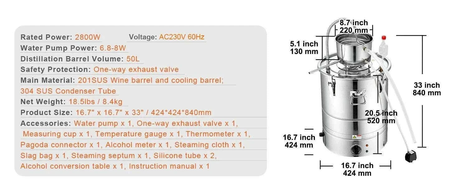 30/50L Stainless Steel Alcohol Distiller with Electric Heating-50L / spain