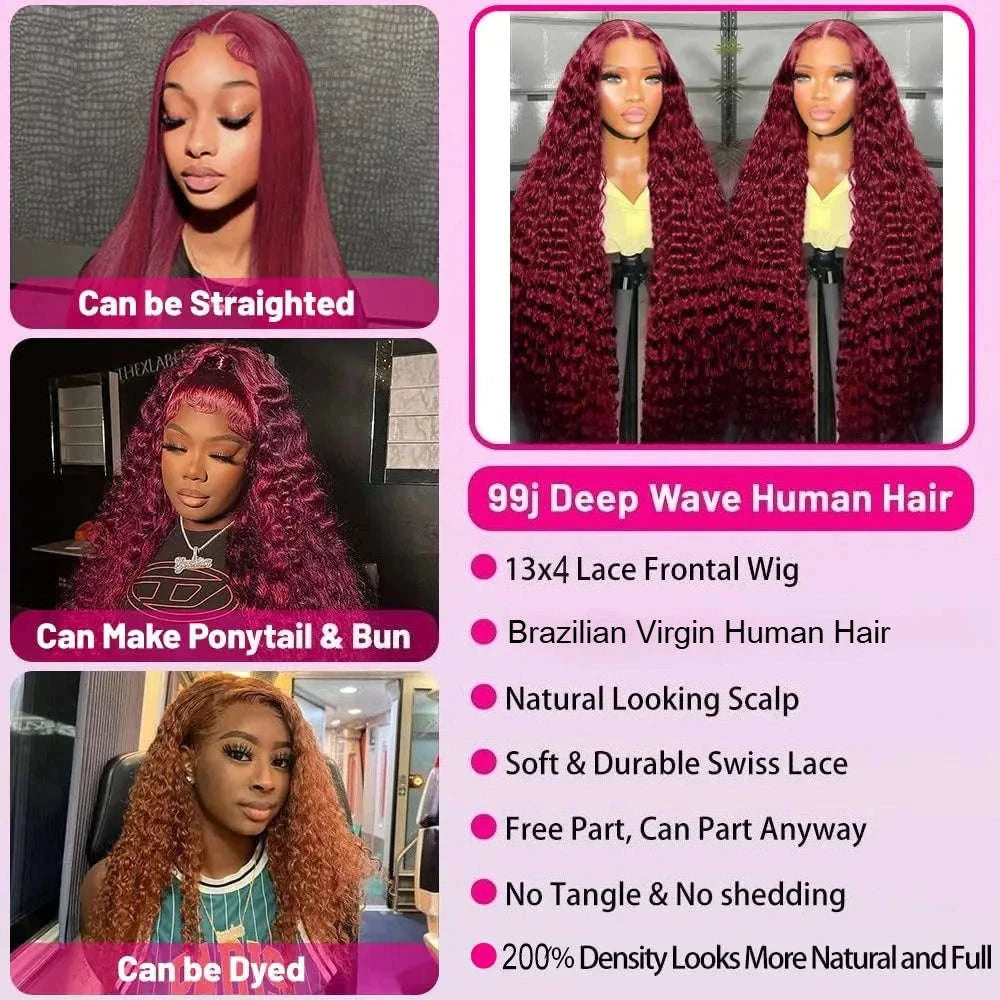 30 Inch Burgundy Deep Wave Lace Front Human Hair Wig 13x4-200% / 20inches / United States|13x4 Lace Wig