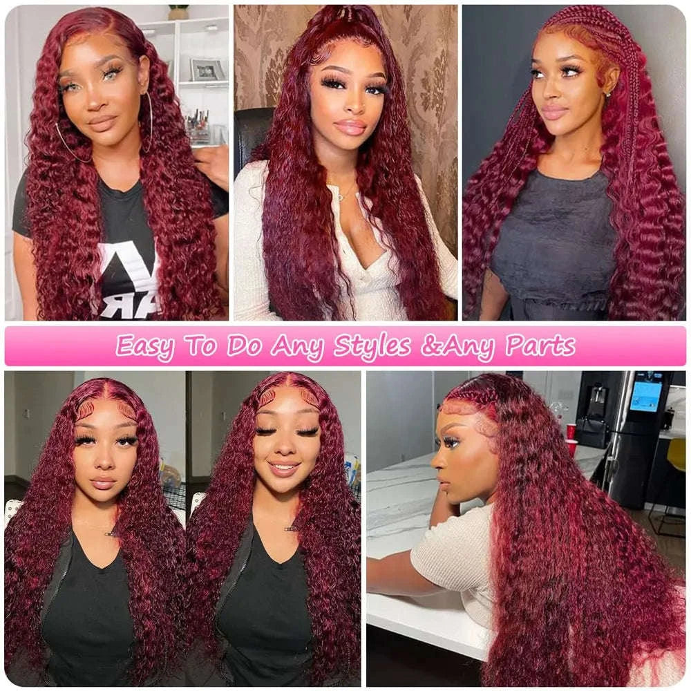 30 Inch Burgundy Deep Wave Lace Front Human Hair Wig 13x4-200% / 20inches / United States|13x4 Lace Wig