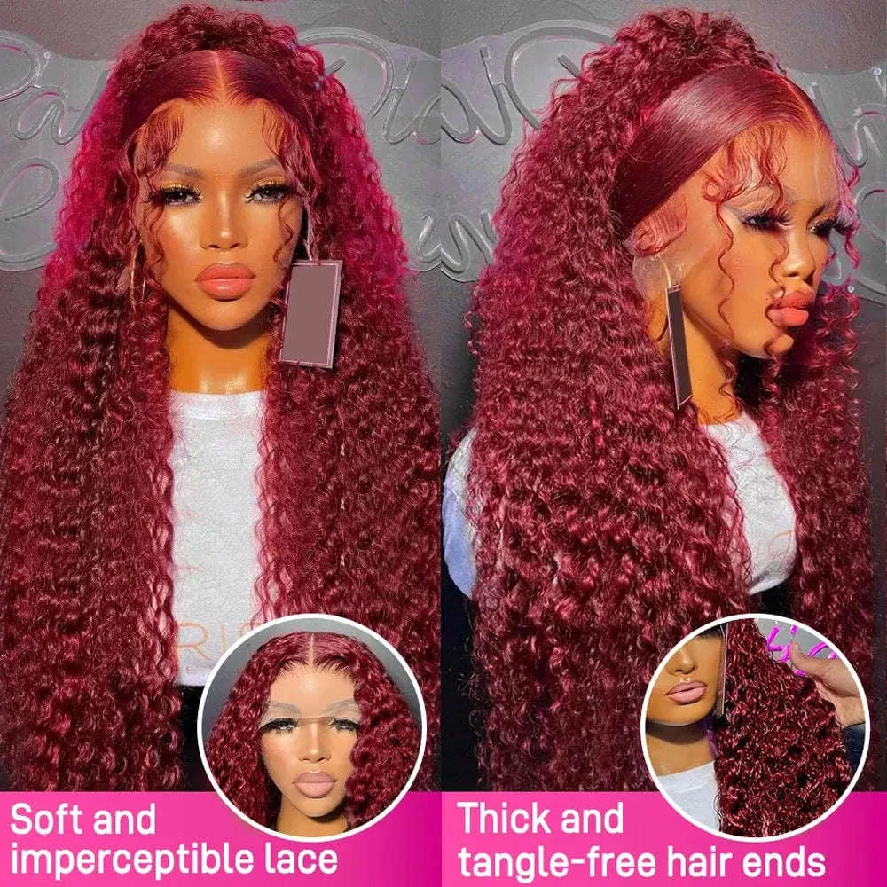30 Inch Burgundy Deep Wave Lace Front Human Hair Wig 13x4-200% / 20inches / United States|13x4 Lace Wig