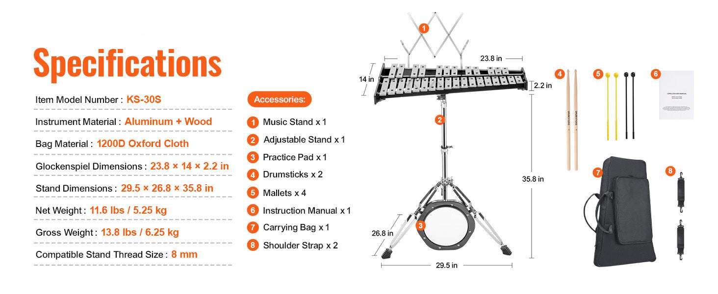 30-Note Glockenspiel Xylophone Bell Kit with Bag & Mallets-With Stand Pad / United States