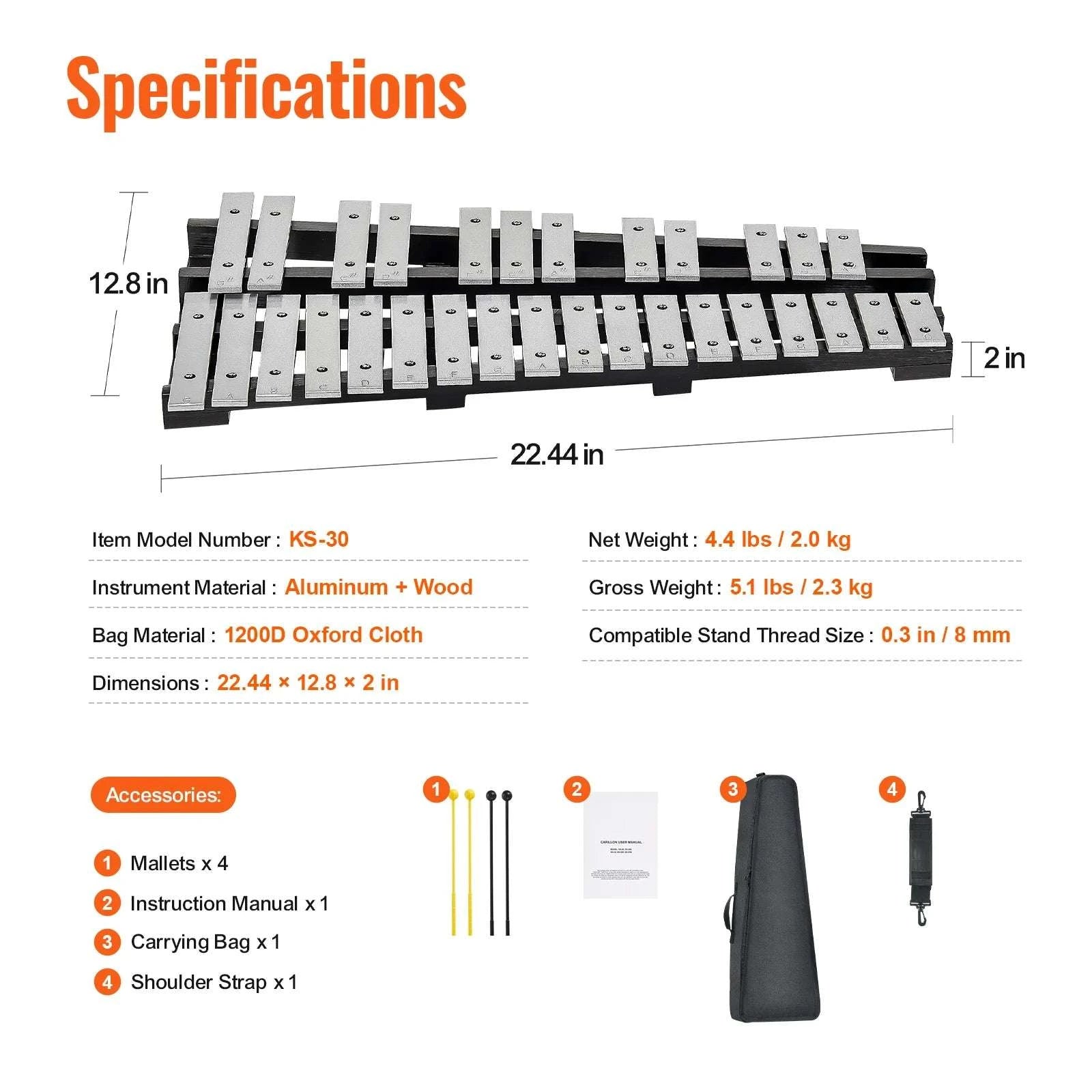 30-Note Glockenspiel Xylophone Bell Kit with Bag & Mallets-With Stand Pad / United States