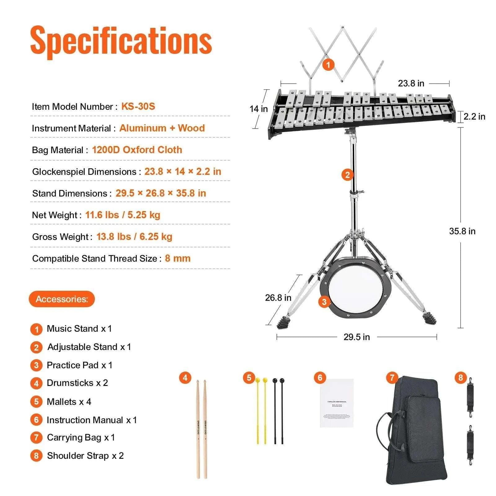 30-Note Glockenspiel Xylophone Bell Kit with Bag & Mallets-With Stand Pad / United States