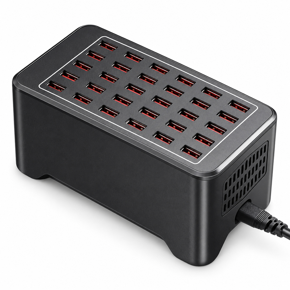 Black 30-port USB charging station on white background