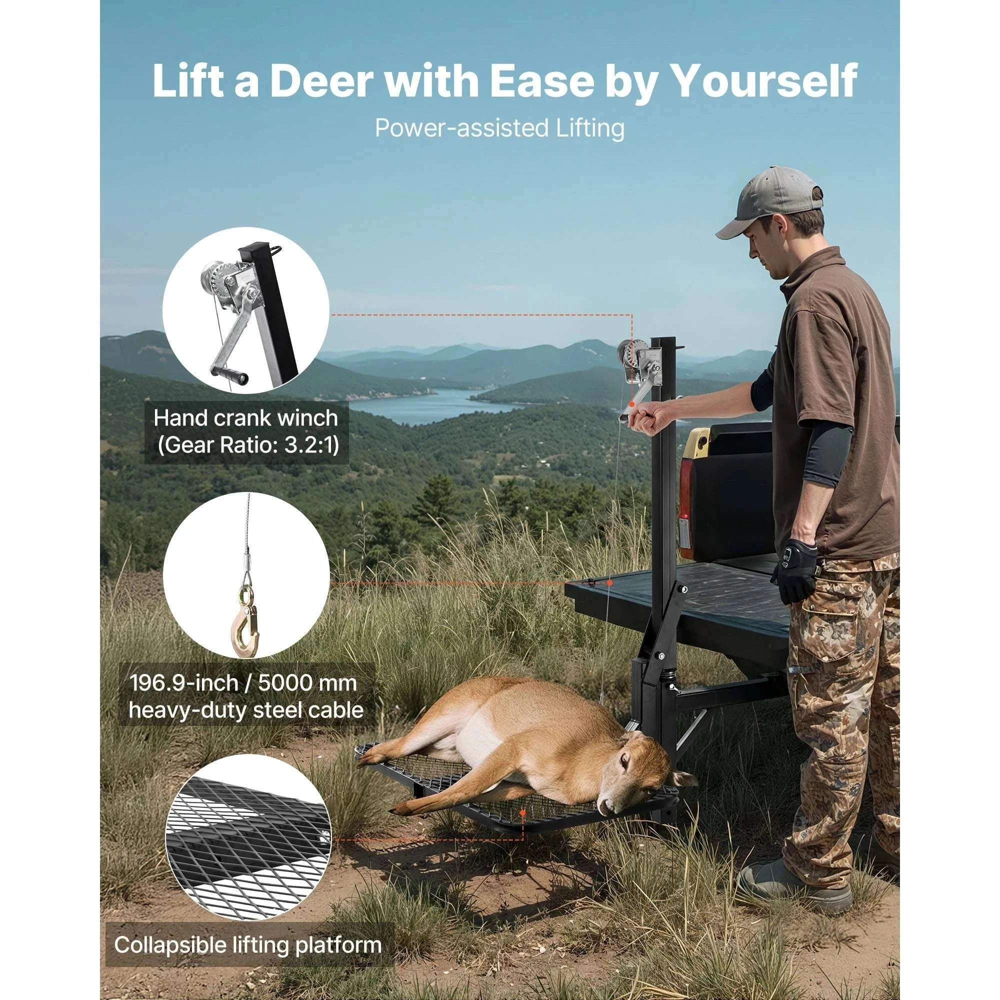 300 lbs Hitch-Mounted Deer Hoist with Platform & 2" Receiver-300lbs / france