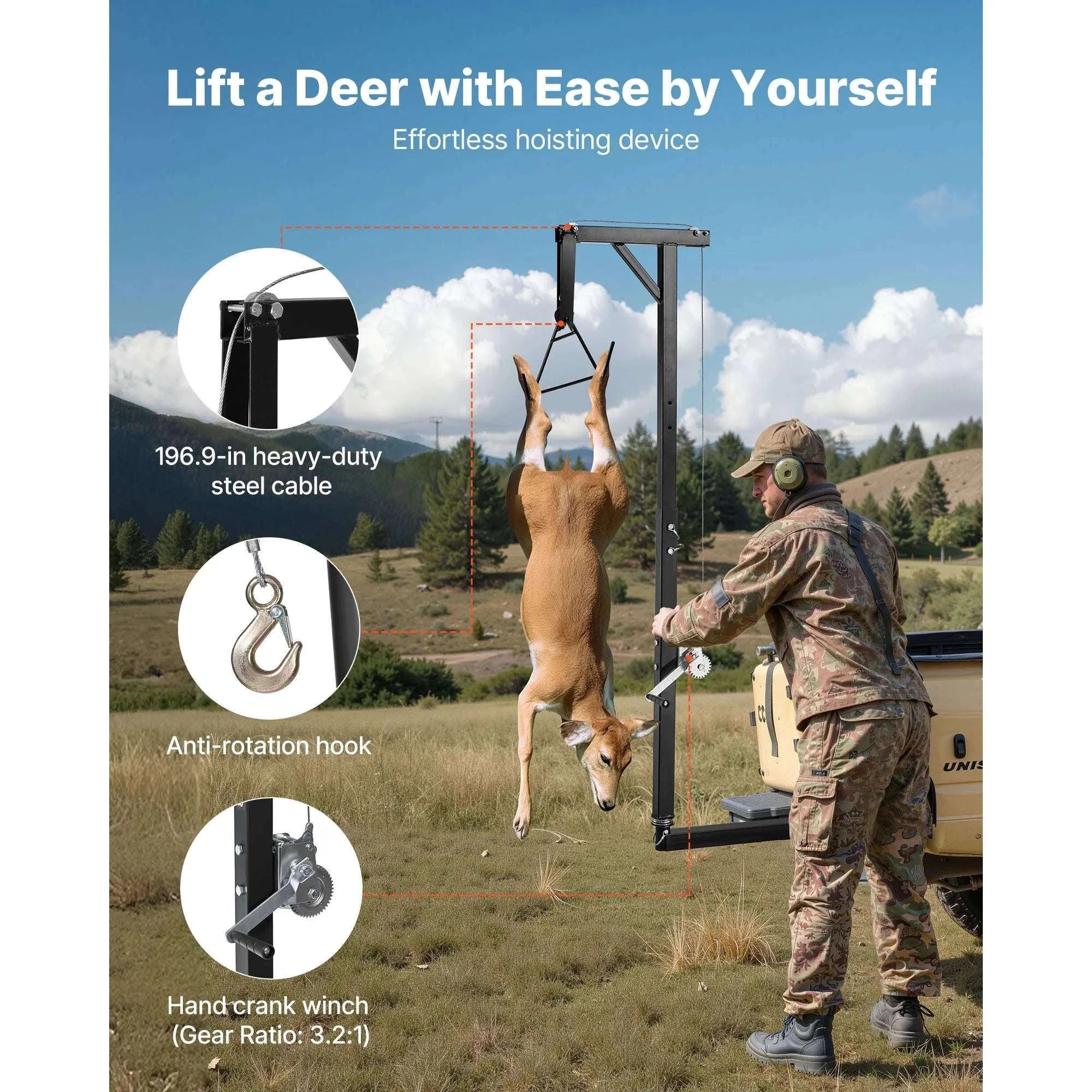 300 lbs Truck Hitch Game Hoist with Adjustable Height Winch-300lbs / United States