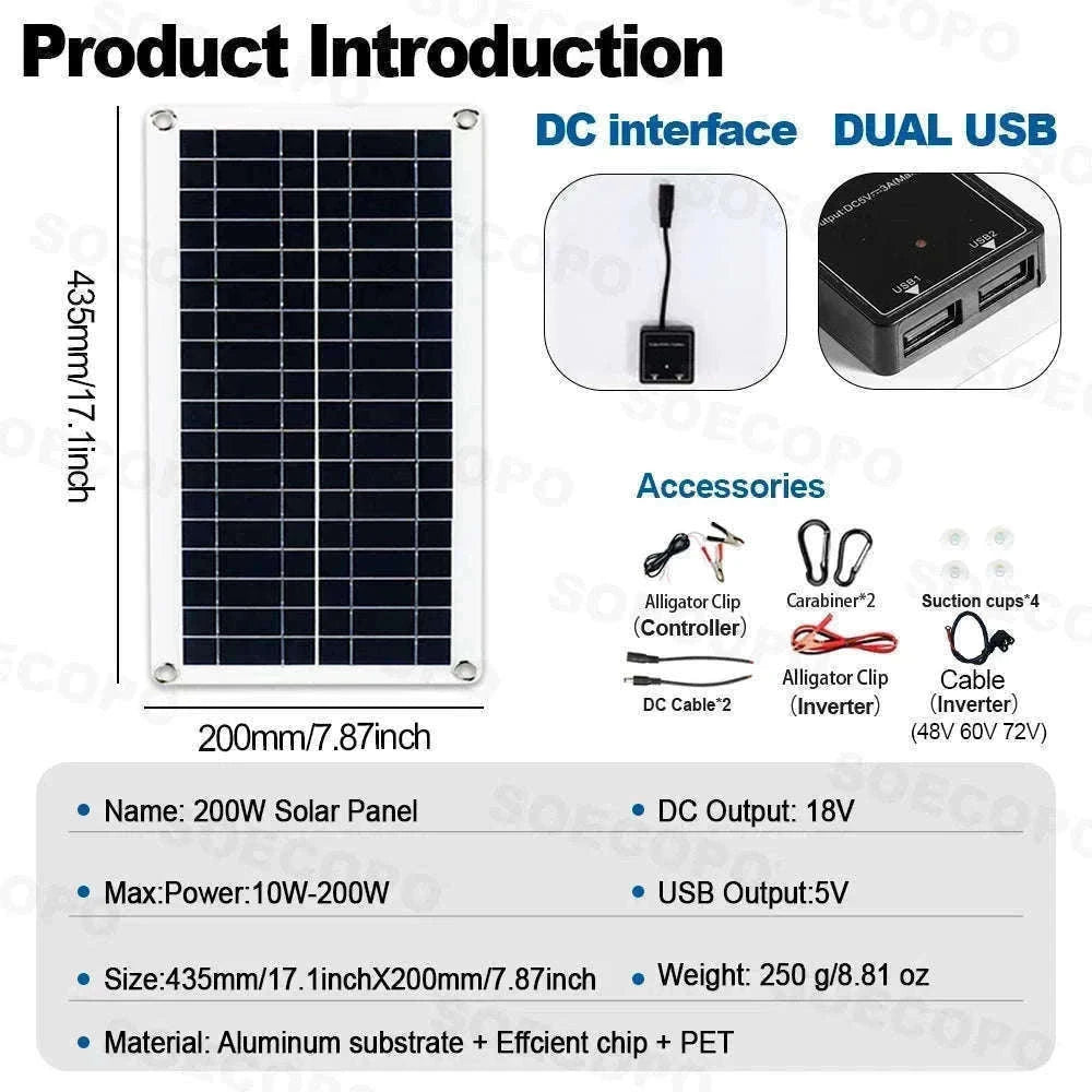 30000W Peak Solar Power Kit 2200W Inverter 200W Panel System-12V 24V To 110V 60Hz
